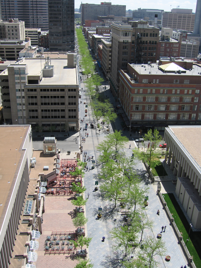 Aerial view of the 16th Street Mall pedestrian walkway in downtown Denver