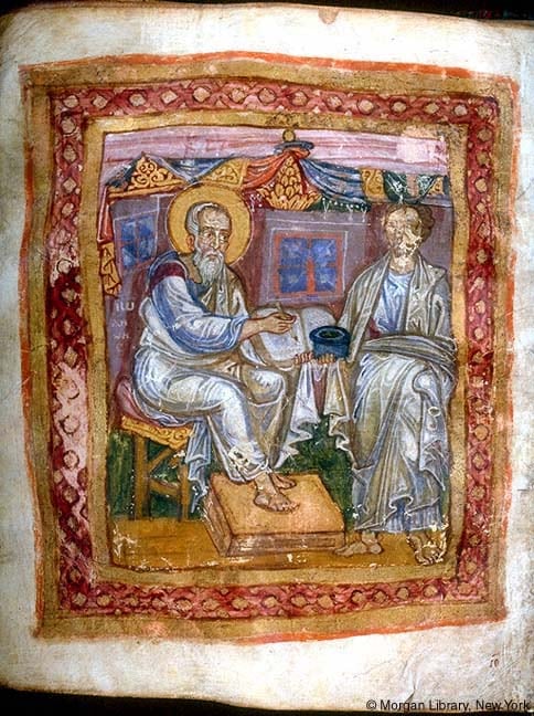 An eleventh-century miniature of the apostle John confronting Marcion of Sinope