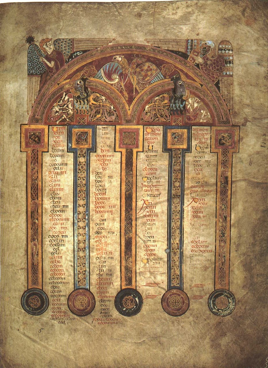 A canon table from the Book of Kells, c. 800, cross-referencing parallel passages in the four Gospels