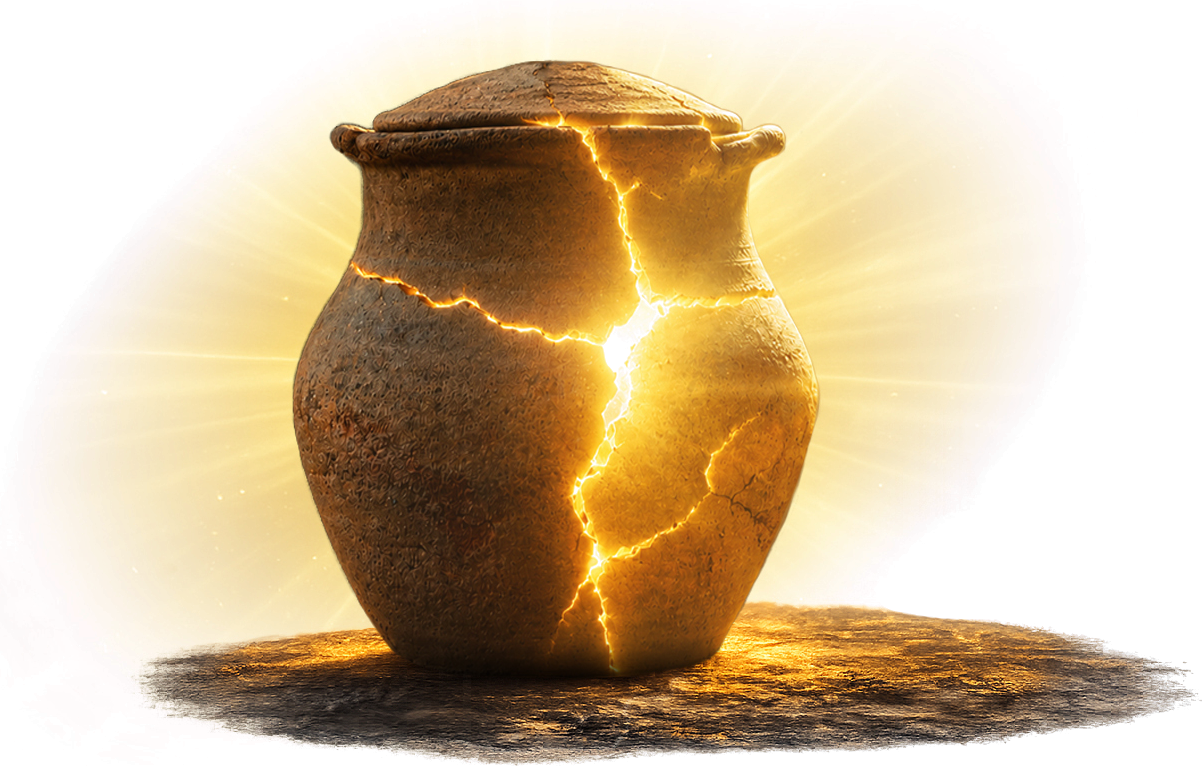 A cracked ancient clay jar with golden light pouring through its fractures